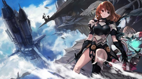 Anime picture 2126x1195 with final fantasy final fantasy xiv original square enix miqo'te swd3e2 long hair highres brown hair wide image multiple girls brown eyes looking away cloud (clouds) ponytail grey eyes magic girl dress gloves