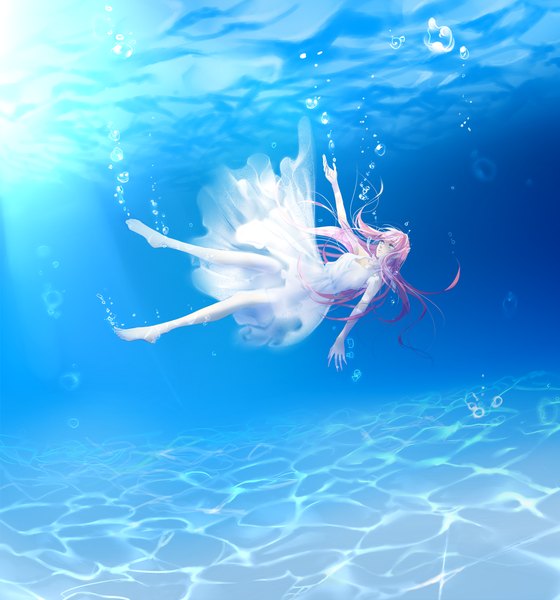 Anime picture 1400x1500 with original shura (artist) long hair tall image bare shoulders green eyes pink hair looking up underwater girl dress sea bubble (bubbles)