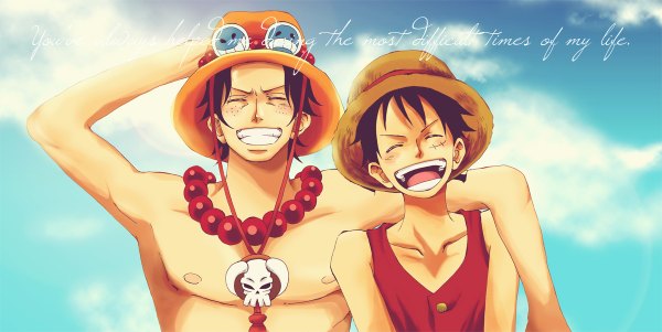 Anime picture 1200x602 with one piece toei animation monkey d. luffy portgas d. ace tam blush short hair open mouth black hair smile wide image sky cloud (clouds) eyes closed inscription multiple boys scar freckles boy hat