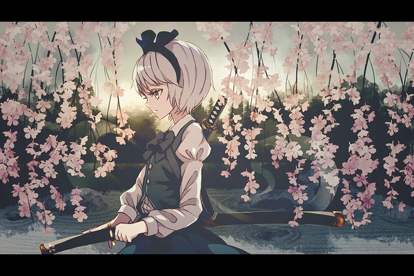 Anime picture 1200x800 with touhou konpaku youmu dise single short hair looking away silver hair upper body long sleeves profile cherry blossoms letterboxed sheathed girl skirt ribbon (ribbons) weapon hair ribbon sword katana