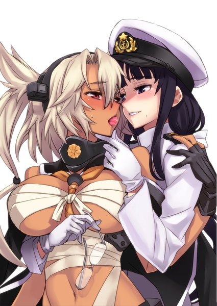 Anime picture 1416x2000 with kantai collection musashi super battleship female admiral (kantai collection) matsuryuu long hair tall image blush breasts light erotic black hair simple background large breasts white background multiple girls brown eyes mole grey eyes shoujo ai mole under mouth tan