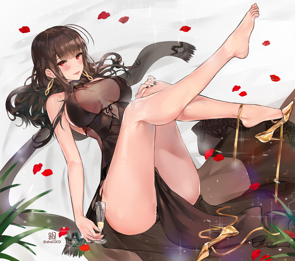 Anime picture 1600x1419 with girls frontline dsr-50 (girls frontline) alraco single long hair looking at viewer blush fringe breasts light erotic smile red eyes brown hair large breasts bare shoulders signed payot full body ahoge bent knee (knees)