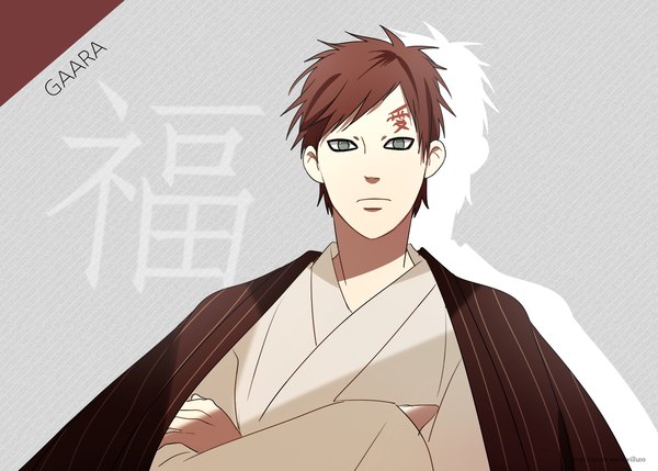 Anime picture 1538x1100 with naruto studio pierrot naruto (series) gaara ahri (will) single looking at viewer fringe short hair simple background brown hair green eyes signed upper body traditional clothes japanese clothes grey background character names hieroglyph crossed arms