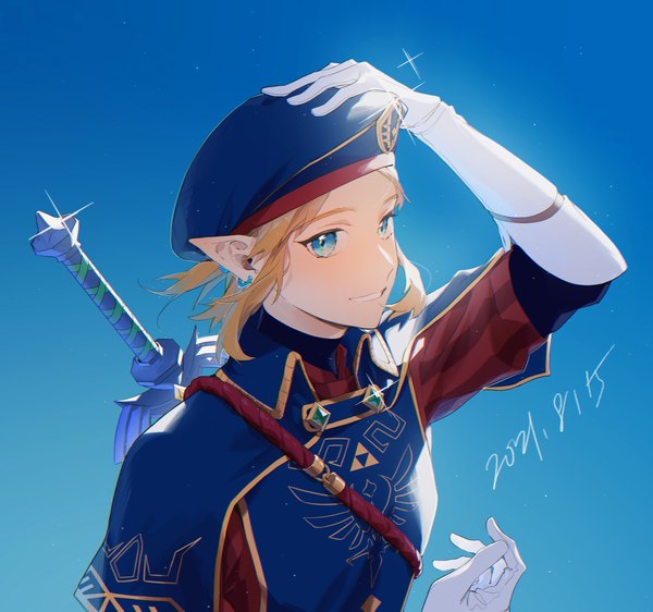 Anime picture 2268x2124 with the legend of zelda the legend of zelda: breath of the wild nintendo link shikiri single looking at viewer highres short hair blue eyes simple background blonde hair smile upper body pointy ears grin dated blue background hand on head triforce