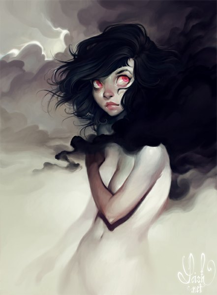 Anime picture 600x815 with original loish single long hair tall image light erotic black hair red eyes standing bare shoulders looking away cloud (clouds) wind bare belly looking up smoke girl navel