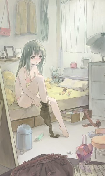 Anime picture 1225x2046 with original noco (adamas) single long hair tall image fringe light erotic sitting grey hair grey eyes framed dressing sleepy girl thighhighs underwear panties black thighhighs pillow bed