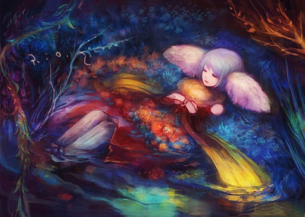 Anime picture 1024x730 with sakaya (artist) single short hair purple hair lying eyes closed girl flower (flowers) water