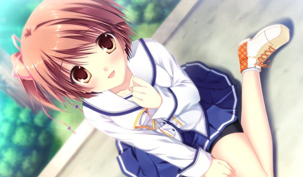 Anime picture 1024x600 with da capo iii hinomoto aoi takano yuki (allegro mistic) looking at viewer blush short hair open mouth brown hair wide image brown eyes game cg one side up girl uniform school uniform