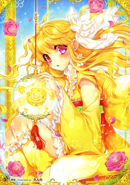 Anime picture 2541x3600 with girls, girls, girls! 11 (artbook) renta (deja-vu) single long hair tall image looking at viewer blush highres blonde hair traditional clothes japanese clothes pink eyes scan official art girl flower (flowers) bow hair bow petals socks