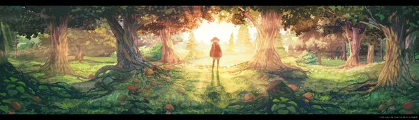 Anime picture 3451x1000 with original arsenixc single looking at viewer highres short hair brown hair wide image standing twintails brown eyes signed sunlight short twintails letterboxed girl plant (plants) tree (trees) jacket scarf