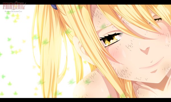 Anime picture 2175x1300 with fairy tail lucy heartfilia kvequiso single long hair highres blonde hair smile wide image yellow eyes ponytail one eye closed wink sunlight inscription coloring side ponytail close-up face girl