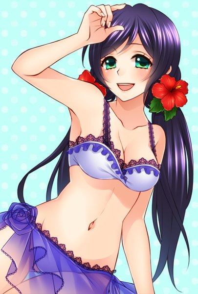 Anime picture 540x800 with love live! school idol project sunrise (studio) love live! toujou nozomi rio (rio 01) single long hair tall image looking at viewer blush breasts open mouth light erotic smile twintails purple hair hair flower aqua eyes low twintails blue background