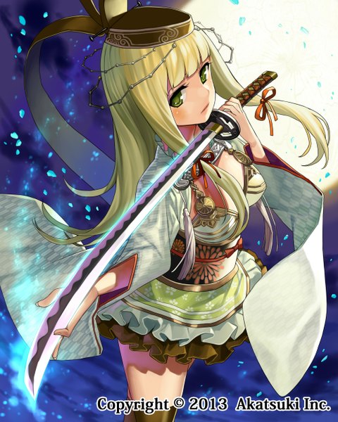 Anime-Bild 2000x2500 mit original gaou (umaiyo puyoman) single long hair tall image looking at viewer blush highres blonde hair green eyes signed long sleeves traditional clothes japanese clothes night night sky girl ribbon (ribbons) weapon hat