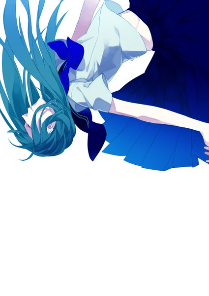 Anime picture 1079x1523 with original saikawa single long hair tall image simple background white background eyes closed profile pleated skirt aqua hair falling girl skirt navel uniform school uniform sailor suit