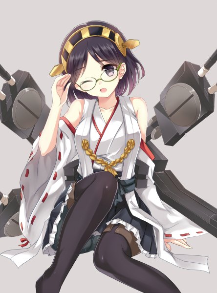 Anime picture 888x1200 with kantai collection kirishima battleship harimoji single tall image looking at viewer short hair open mouth black hair simple background sitting purple eyes traditional clothes japanese clothes pleated skirt one eye closed wink grey background nontraditional miko girl