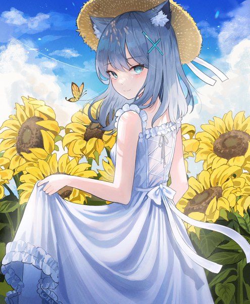 Anime picture 1691x2048 with blue archive shiroko (blue archive) tikakaa single long hair tall image looking at viewer fringe hair between eyes animal ears sky silver hair cloud (clouds) outdoors aqua eyes sleeveless girl dress flower (flowers) hat