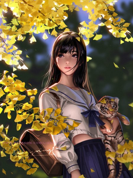 Anime picture 900x1200 with original liang xing single long hair tall image fringe black hair standing holding brown eyes signed looking away outdoors long sleeves parted lips pleated skirt lips blurry realistic mole