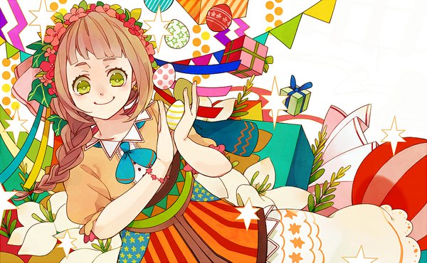 Anime picture 1000x617 with original anzu (astro75) single long hair looking at viewer fringe smile brown hair wide image green eyes braid (braids) single braid polka dot easter girl flower (flowers) bracelet gift wreath string of flags