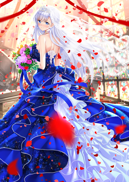 Anime picture 1187x1680 with azur lane belfast (azur lane) swordsouls single long hair tall image looking at viewer blush fringe breasts blue eyes smile hair between eyes standing silver hair indoors looking back from behind sparkle floating hair