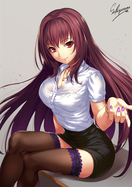 Anime picture 1000x1414 with fate (series) fate/grand order scathach (fate) (all) scathach (fate) sakiyamama single long hair tall image looking at viewer fringe breasts light erotic simple background hair between eyes red eyes sitting signed cleavage purple hair nail polish