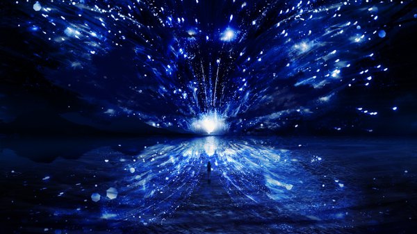 Anime-Bild 2560x1440 mit original y y (ysk ygc) highres wide image sky cloud (clouds) night wallpaper night sky lens flare glowing horizon mountain fantasy girl sea star (stars)