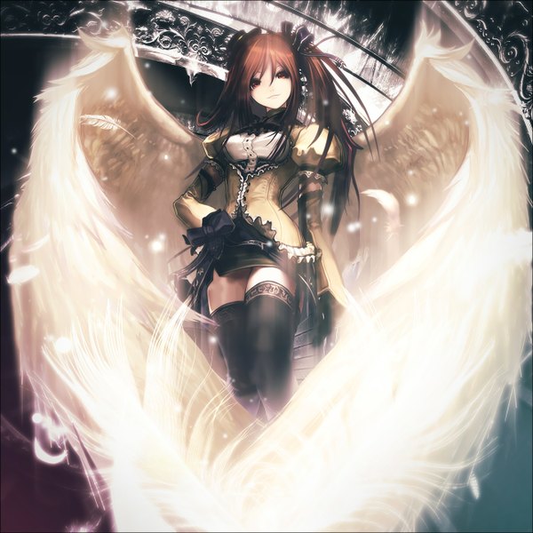 Anime picture 1300x1300 with aquarian age tachikawa mushimaro (bimo) razieldbz long hair looking at viewer smile brown hair twintails brown eyes alternate costume angel wings angel girl thighhighs bow black thighhighs hair bow detached sleeves wings feather (feathers)