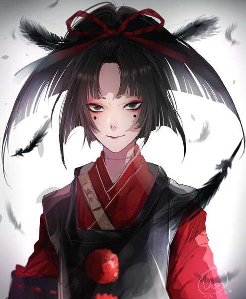 Anime picture 1495x1812 with touken ranbu nitroplus kogarasumaru (touken ranbu) na yeon single tall image looking at viewer fringe short hair black hair simple background smile white background signed upper body ponytail traditional clothes japanese clothes black eyes gradient background