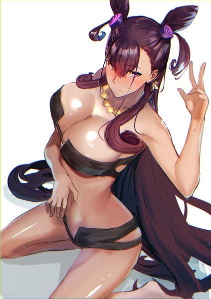 Anime picture 728x1032 with fate (series) fate/grand order murasaki shikibu (fate) jikihatiman single tall image looking at viewer blush fringe breasts light erotic simple background hair between eyes large breasts white background purple eyes purple hair very long hair barefoot arm up
