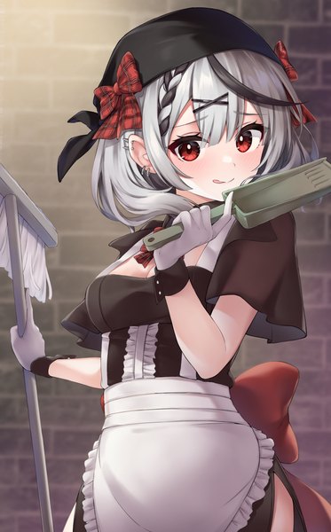 Anime picture 2694x4330 with virtual youtuber hololive sakamata chloe pizza (pizzania company) single tall image fringe highres short hair hair between eyes red eyes cleavage silver hair multicolored hair streaked hair piercing ear piercing brick wall girl gloves