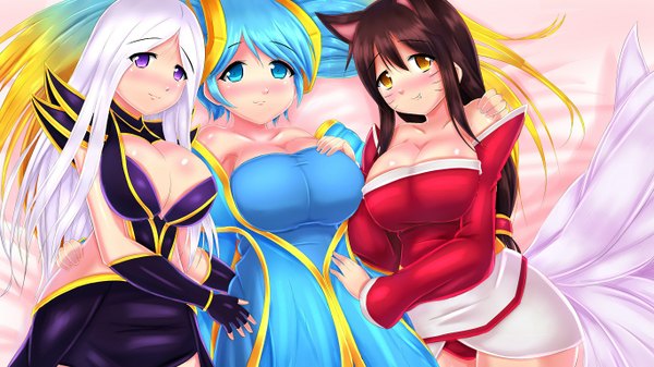 Anime picture 1366x768 with league of legends ahri (league of legends) sona buvelle syndra long hair looking at viewer blush breasts blue eyes light erotic brown hair wide image large breasts purple eyes multiple girls animal ears yellow eyes silver hair multicolored hair facial mark