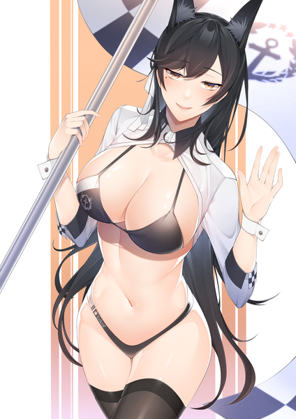 Anime picture 2894x4093 with azur lane atago (azur lane) atago (stunning speedster) (azur lane) chichikoucha single long hair tall image looking at viewer blush fringe highres breasts open mouth light erotic black hair simple background smile hair between eyes large breasts standing