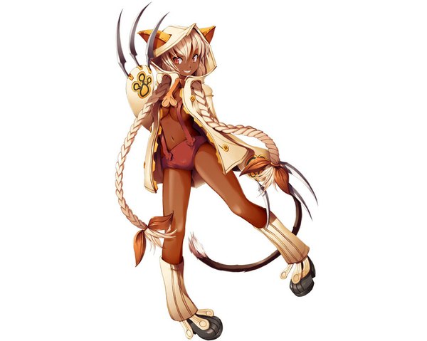 Anime picture 1024x819 with blazblue taokaka single long hair blonde hair simple background smile red eyes white background twintails animal ears braid (braids) animal tail dark skin girl navel bow weapon boots hood