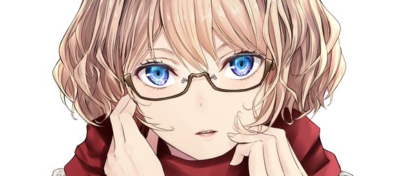 Anime picture 1698x724 with touhou alice margatroid nabeshima tetsuhiro single looking at viewer fringe short hair open mouth blue eyes simple background blonde hair hair between eyes wide image white background face bespectacled girl glasses scarf red scarf