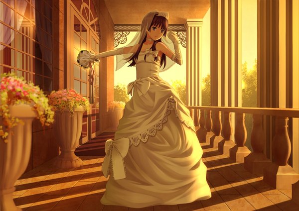 Anime picture 1169x827 with to aru kagaku no railgun j.c. staff saten ruiko yubari rumoi single long hair blue eyes black hair bare shoulders girl dress gloves flower (flowers) elbow gloves bouquet wedding dress wedding veil