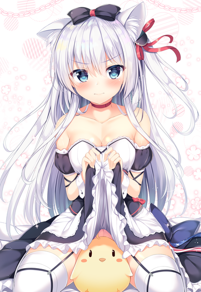 Anime picture 1388x2010 with azur lane hammann (azur lane) tomoo (tomo) single long hair tall image looking at viewer blush fringe breasts blue eyes light erotic hair between eyes sitting bare shoulders animal ears cleavage silver hair maid embarrassed