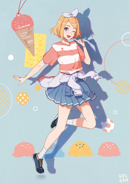 Anime picture 600x849 with vocaloid kagamine rin fei renlei single tall image looking at viewer short hair open mouth blue eyes blonde hair full body pleated skirt one eye closed wink shadow ;d casual clothes around waist fashion girl