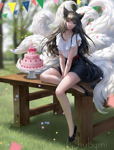 Anime picture 1920x2532 with league of legends ahri (league of legends) chubymi single long hair tall image highres blue eyes black hair sitting signed animal ears full body bent knee (knees) tail head tilt animal tail realistic fox ears facial mark