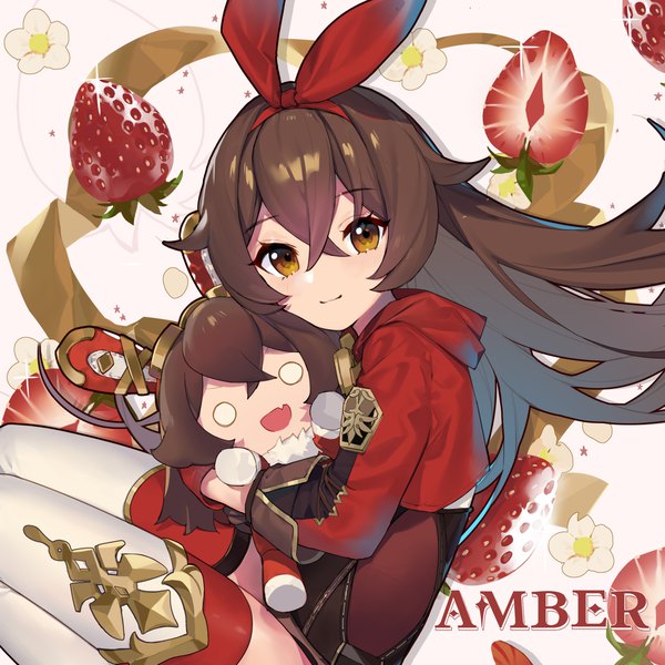 Anime picture 2500x2500 with genshin impact amber (genshin impact) baron bunny (genshin impact) single long hair looking at viewer blush fringe highres hair between eyes brown hair brown eyes light smile official art character names girl thighhighs flower (flowers) ribbon (ribbons) hair ribbon