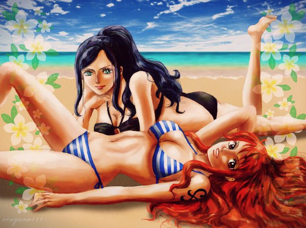 Anime picture 939x700 with one piece toei animation nami (one piece) nico robin oregano551 long hair looking at viewer fringe breasts blue eyes light erotic black hair large breasts bare shoulders multiple girls brown eyes signed payot sky cleavage