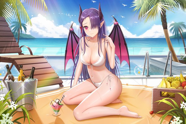 Anime-Bild 2000x1333 mit original yuxing yuhang single long hair looking at viewer blush fringe highres breasts light erotic large breasts sitting signed sky cleavage purple hair cloud (clouds) full body bent knee (knees) outdoors