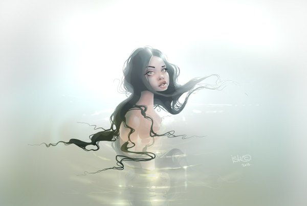 Anime picture 1280x860 with original ish (artist) single long hair black hair bare shoulders signed wind grey background grey eyes reflection wavy hair girl water