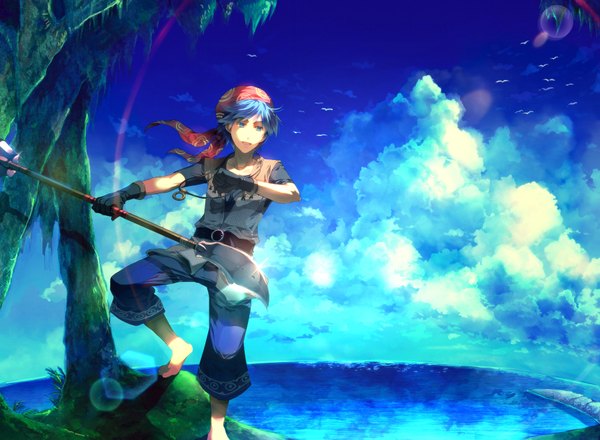 Anime picture 1800x1320 with chrono cross sunakumo single highres short hair blue eyes blue hair sky cloud (clouds) barefoot scenic boy gloves plant (plants) animal tree (trees) shorts sea bird (birds)