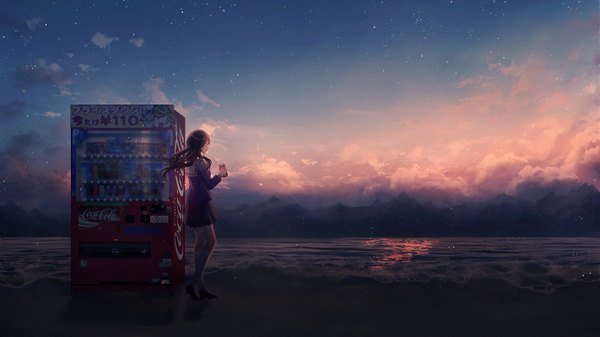 Anime picture 1422x800 with original coca-cola yingsu jiang single long hair black hair wide image standing holding looking away sky cloud (clouds) full body outdoors pleated skirt beach evening scenic girl skirt