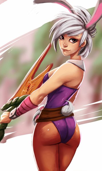 Anime picture 600x1003 with league of legends riven (league of legends) battle bunny riven carlos eduardo tall image short hair light erotic red eyes bare shoulders animal ears silver hair ass tail animal tail looking back lips from behind bunny ears bunny girl bunny tail