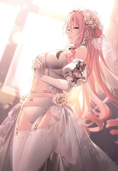Anime picture 2405x3485 with original riichu single long hair tall image looking at viewer fringe highres breasts light erotic hair between eyes large breasts standing green eyes pink hair indoors parted lips hair flower sunlight scan