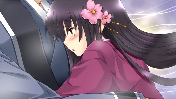 Anime picture 1280x720 with sengoku hime long hair blush black hair wide image purple eyes game cg girl