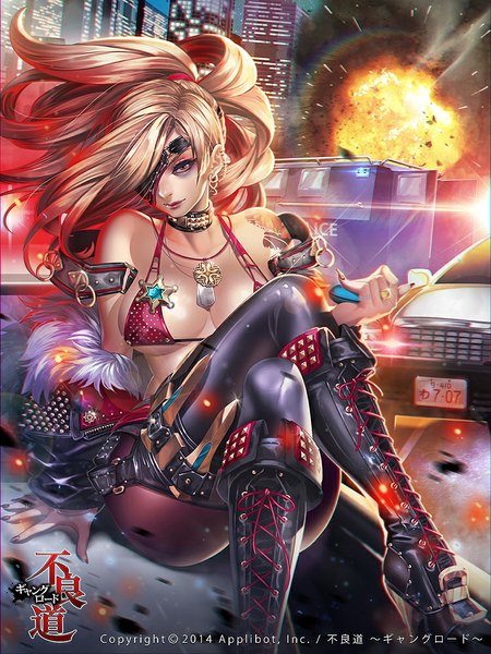 Anime picture 750x1000 with original ukero long hair tall image looking at viewer breasts light erotic blonde hair red eyes large breasts sitting bare shoulders ponytail open clothes open jacket sparkle high heels crossed legs city cityscape