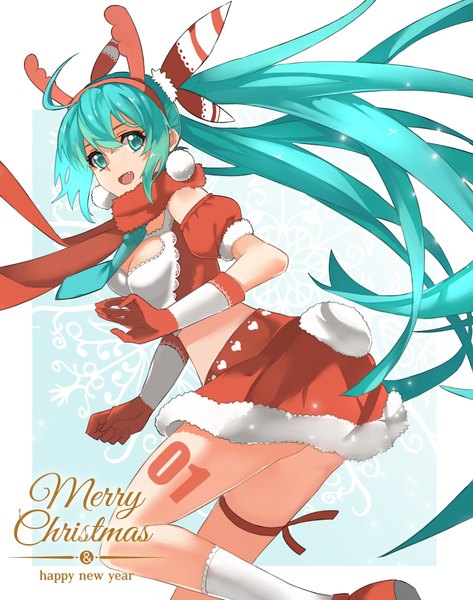 Anime picture 1660x2106 with vocaloid hatsune miku zhuxiao517 single tall image looking at viewer open mouth twintails ahoge very long hair horn (horns) aqua eyes aqua hair christmas new year merry christmas happy new year fake antlers girl skirt