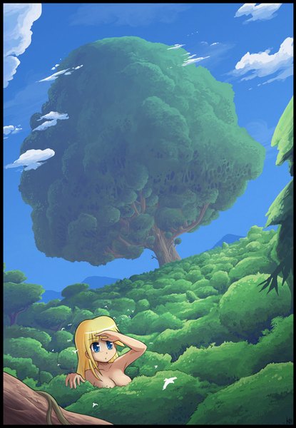 Anime picture 692x1000 with felarya crisis (karbo) karbo single long hair tall image blue eyes light erotic blonde hair nude girl plant (plants) tree (trees) forest