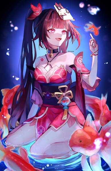 Anime picture 2894x4474 with honkai: star rail honkai (series) sparkle (honkai: star rail) sakura11587158 single long hair tall image fringe highres breasts open mouth smile red eyes brown hair twintails bare shoulders signed looking away blunt bangs tattoo